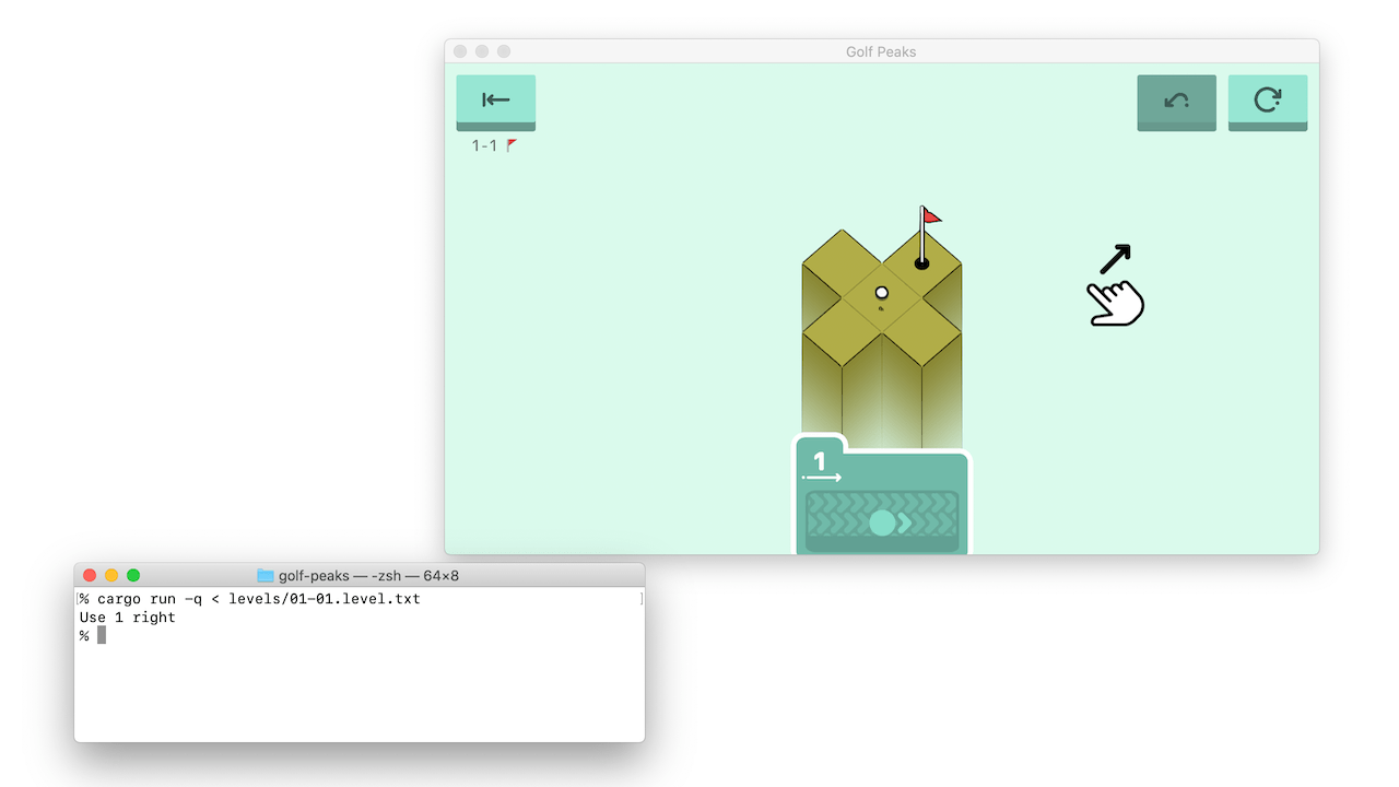A Rust program printing out instructions to solve the first level of Golf Peaks