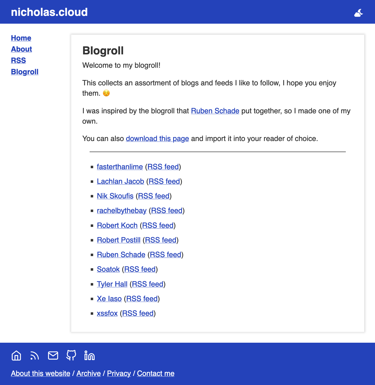 A screenshot of my website, listing a number of blogs to subscribe to