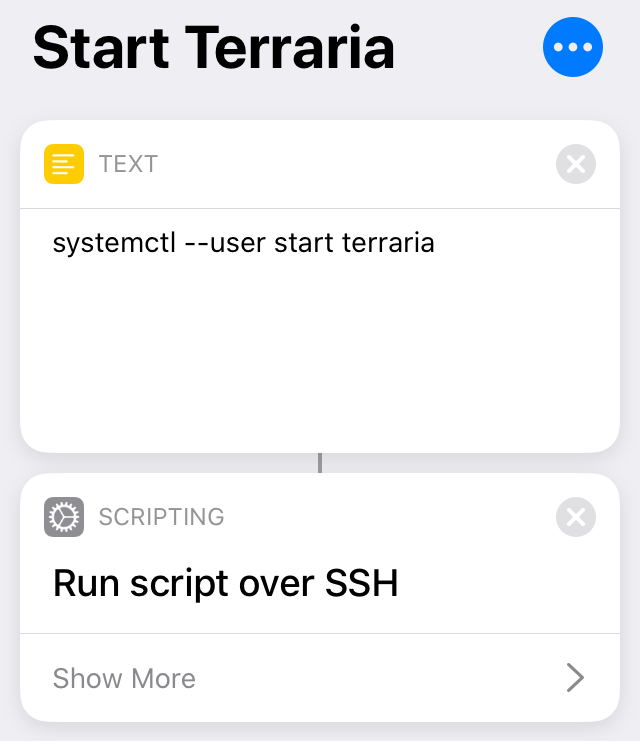 A screenshot of the shortcut to start Terraria - a command starts the server over SSH