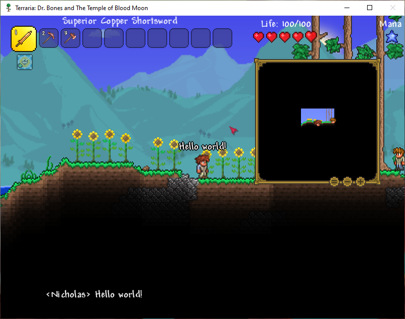 My character on the Terraria server saying &ldquo;Hello world!&rdquo;