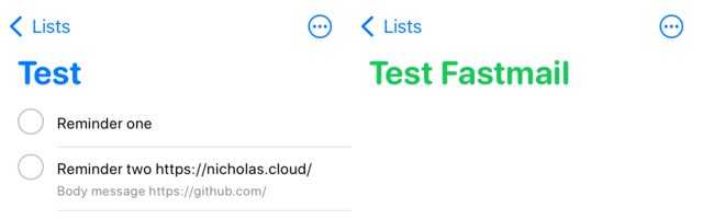 Two lists of reminders, one labelled &ldquo;Test&rdquo; containing two items, and an empty one label &ldquo;Test Fastmail&rdquo;