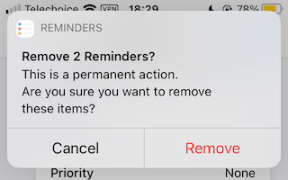 A confirmation prompt, reading &ldquo;Remove 2 reminders? This is a permanent action. Are you sure you want to remove these items?&rdquo;