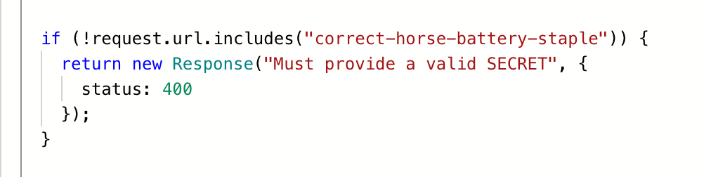 An identical snippet of code, but a variable has been replace with a string — a secret value