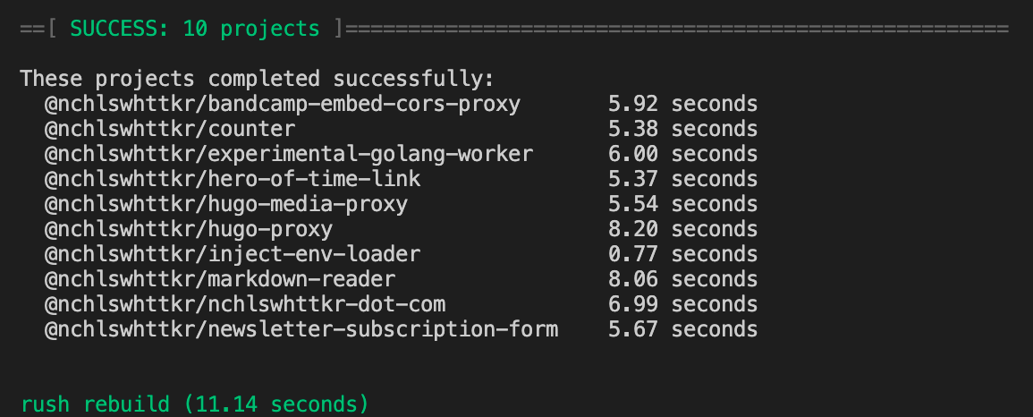 Terminal output from a full monorepo rebuild, with ten projects rebuilt successfully in eleven seconds. The slowest project took eight seconds to build.