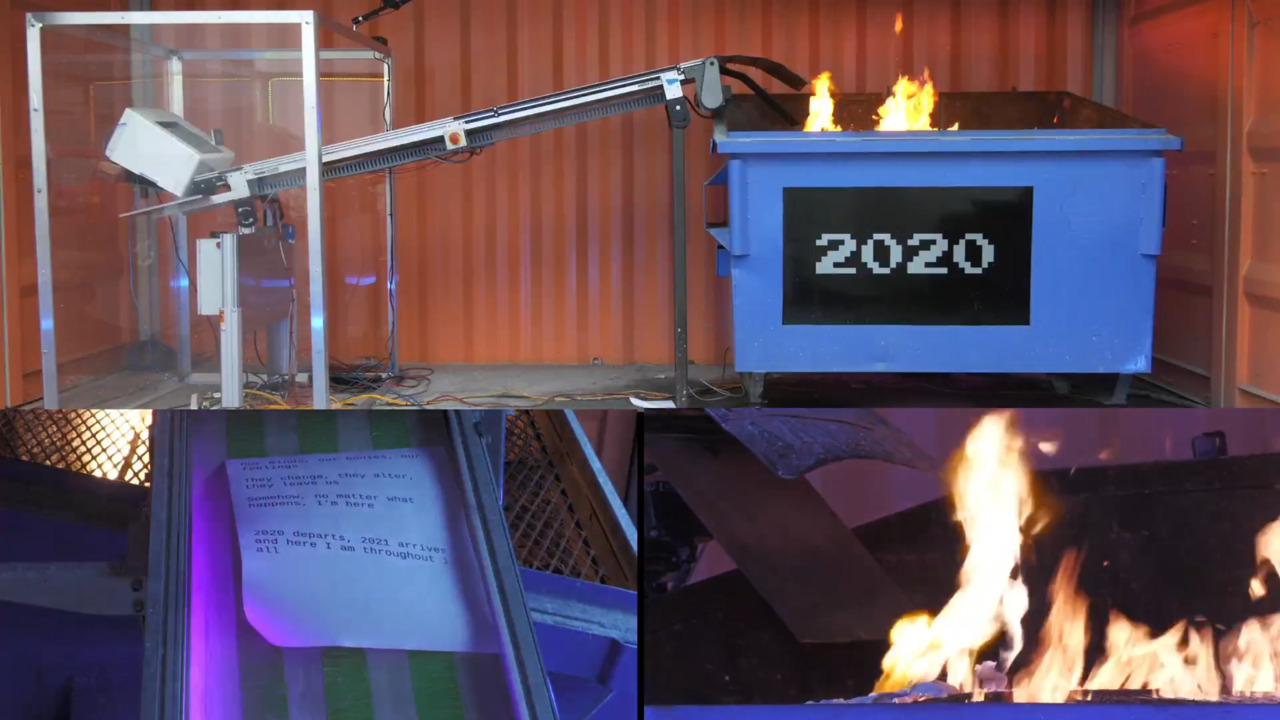 A sheet of paper of is fed out of a printer onto a conveyor belt, which leads to a flaming garbage dumpster labelled 2020
