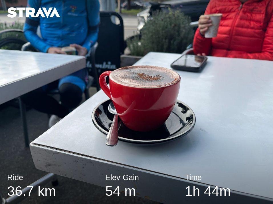 Statistics from a Strava ride overlaid on hot chcolate in a mug, 36.7km in 1 hour 44 minutes