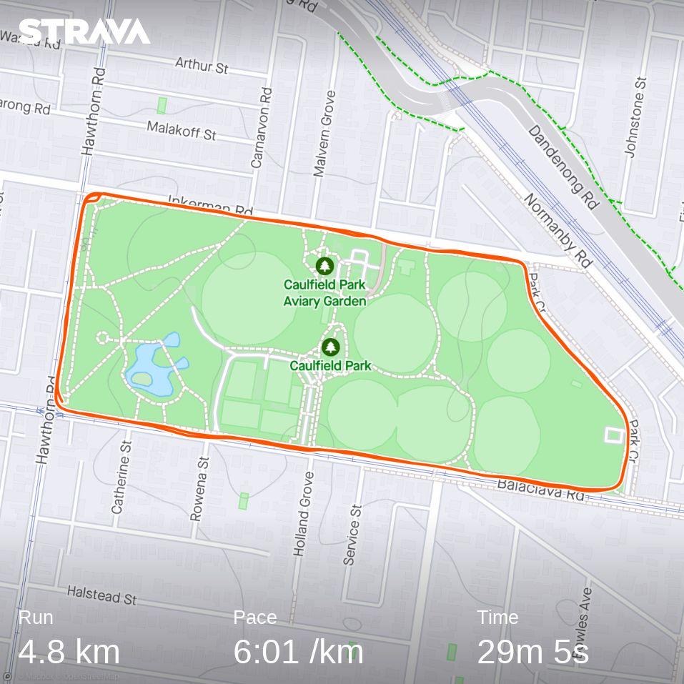 A circuit of a park on Strava, 4.8km in 29 minutes 5 seconds