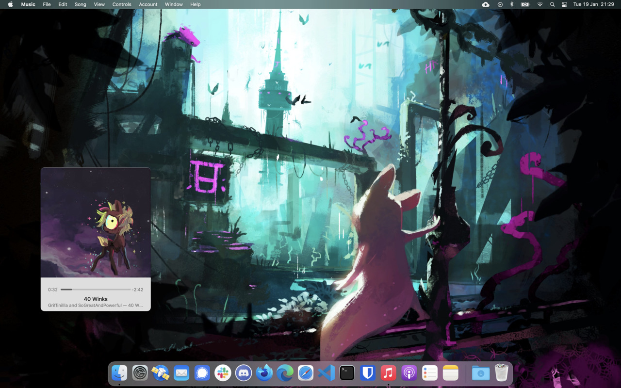 Screenshot from an Apple computer desktop with a music player, the background depicts a small white creature gazing across a decaying neon pink and blue cityscape at pink lizard atop a tall building
