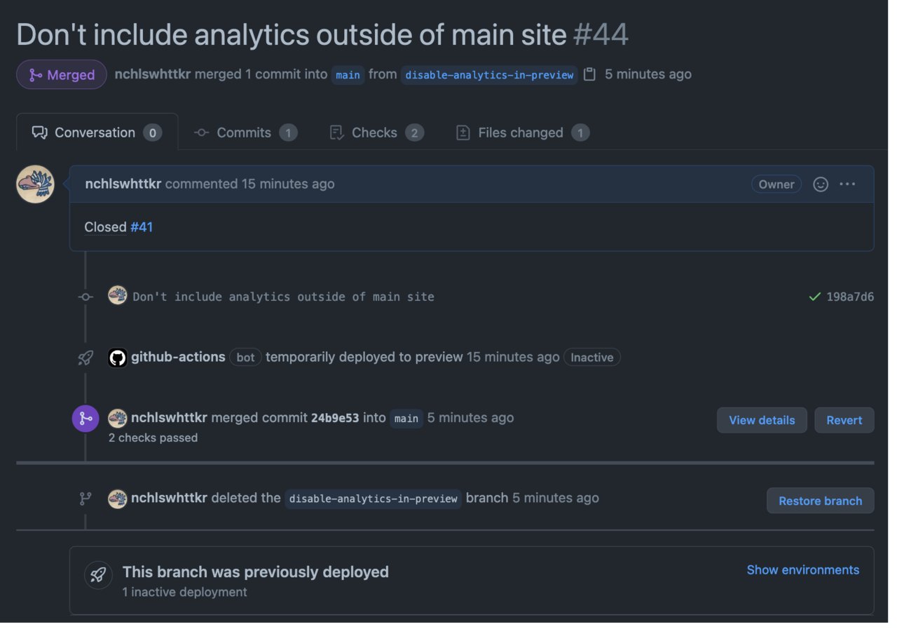 Screenshot from a merged pull request on GitHub, titled &ldquo;Don&rsquo;t include analytics in main site&rdquo;. A deployment is created and later marked as inactive. The source branch is deleted after the pull request is merged.