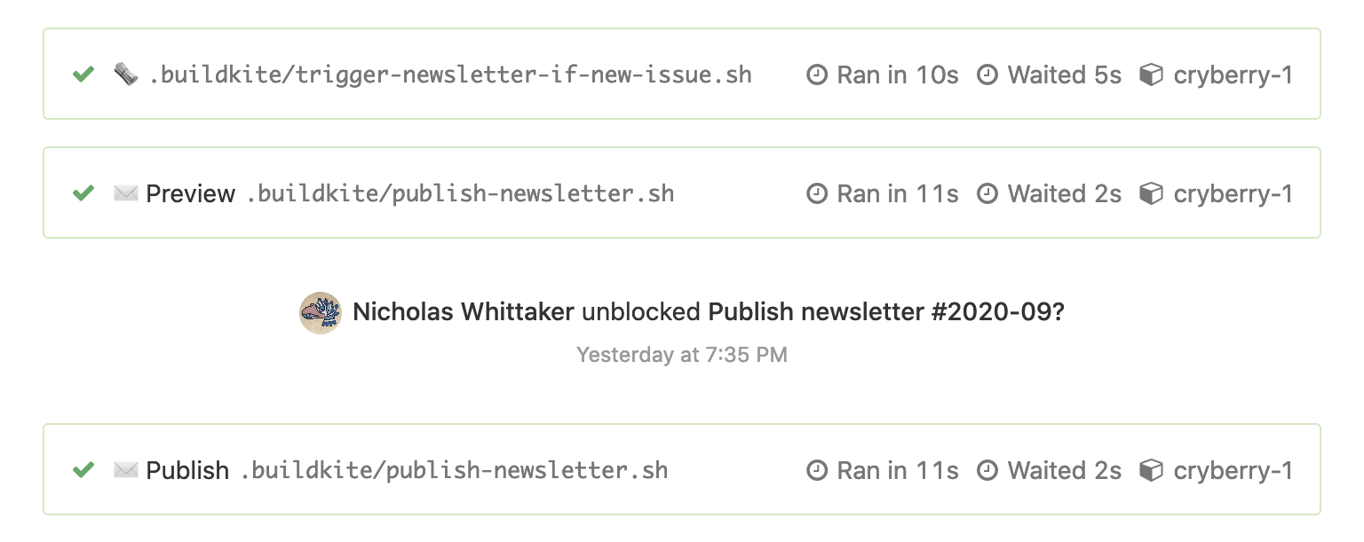 A set of three tasks, with the last one labelled &ldquo;Publish&rdquo; separated from the other two. Between them is a label that reads &ldquo;Nicholas Whittaker unblocked this yesterday at 7:35pm&rdquo;