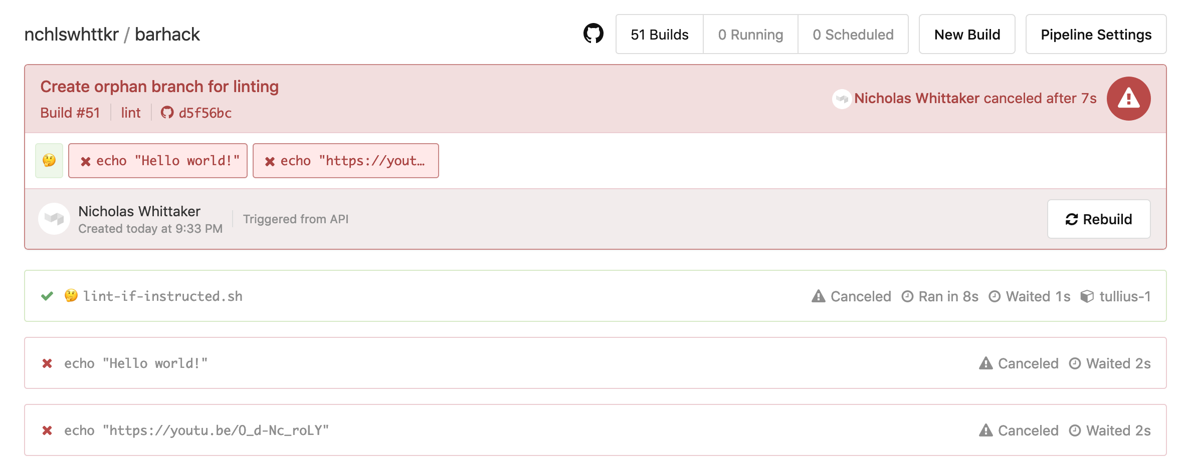 A build in Buildkite, where the pipeline upload script has run successfully and cancelled the rest of the build