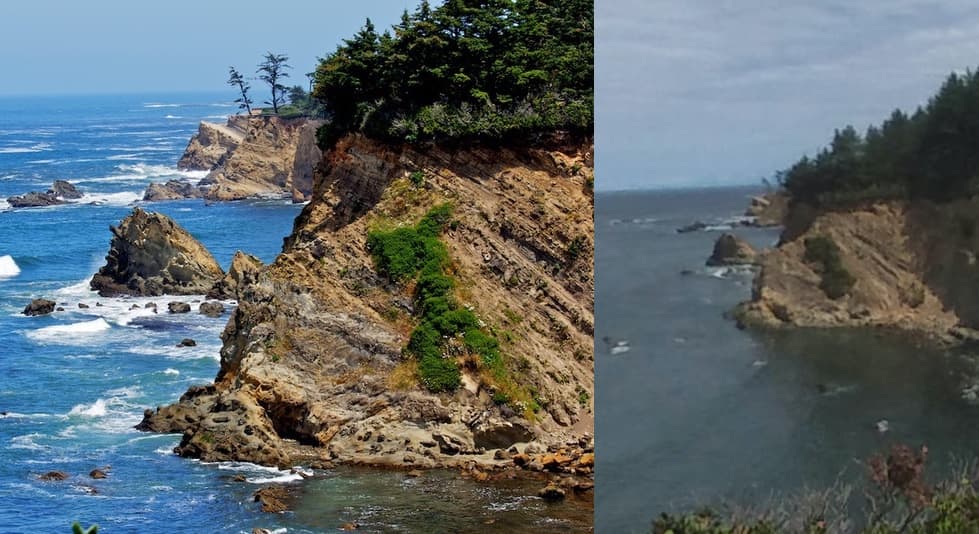 Two similar photos of the same coastline, highlighting a large rocky outcrop and fauna along the cliffside