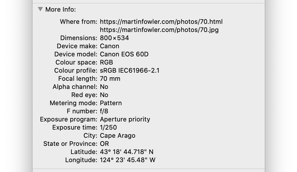 A list of details about a photograph, including the location where the photo was taken and specs about the camera&rsquo;s model, colour settings and exposure